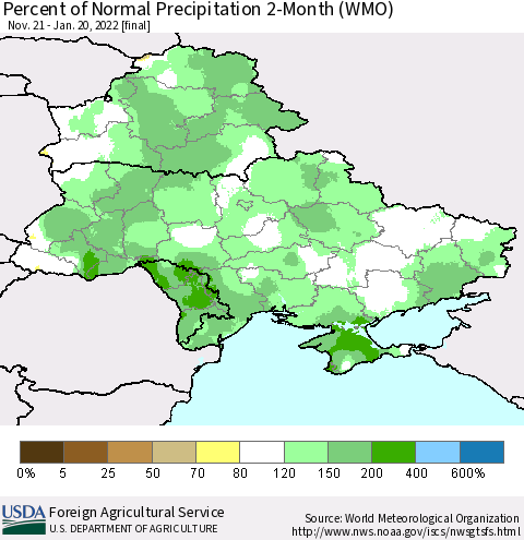 Ukraine, Moldova and Belarus Percent of Normal Precipitation 2-Month (WMO) Thematic Map For 11/21/2021 - 1/20/2022