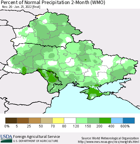 Ukraine, Moldova and Belarus Percent of Normal Precipitation 2-Month (WMO) Thematic Map For 11/26/2021 - 1/25/2022