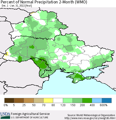 Ukraine, Moldova and Belarus Percent of Normal Precipitation 2-Month (WMO) Thematic Map For 12/1/2021 - 1/31/2022