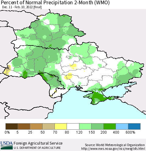 Ukraine, Moldova and Belarus Percent of Normal Precipitation 2-Month (WMO) Thematic Map For 12/11/2021 - 2/10/2022