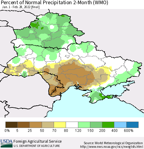 Ukraine, Moldova and Belarus Percent of Normal Precipitation 2-Month (WMO) Thematic Map For 1/1/2022 - 2/28/2022
