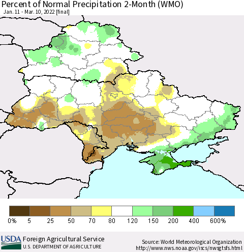 Ukraine, Moldova and Belarus Percent of Normal Precipitation 2-Month (WMO) Thematic Map For 1/11/2022 - 3/10/2022