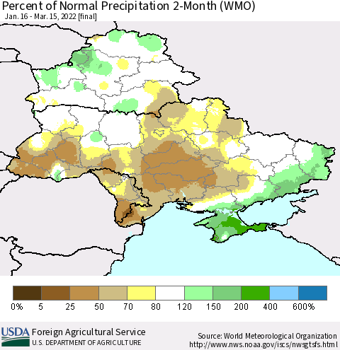 Ukraine, Moldova and Belarus Percent of Normal Precipitation 2-Month (WMO) Thematic Map For 1/16/2022 - 3/15/2022