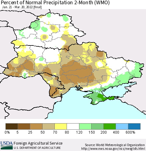 Ukraine, Moldova and Belarus Percent of Normal Precipitation 2-Month (WMO) Thematic Map For 1/21/2022 - 3/20/2022