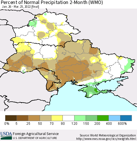 Ukraine, Moldova and Belarus Percent of Normal Precipitation 2-Month (WMO) Thematic Map For 1/26/2022 - 3/25/2022