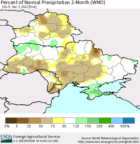 Ukraine, Moldova and Belarus Percent of Normal Precipitation 2-Month (WMO) Thematic Map For 2/6/2022 - 4/5/2022