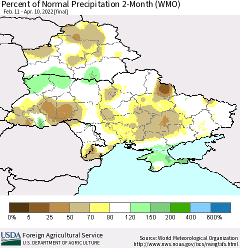 Ukraine, Moldova and Belarus Percent of Normal Precipitation 2-Month (WMO) Thematic Map For 2/11/2022 - 4/10/2022