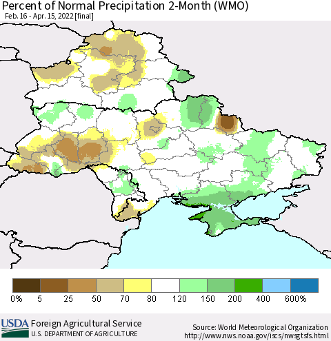 Ukraine, Moldova and Belarus Percent of Normal Precipitation 2-Month (WMO) Thematic Map For 2/16/2022 - 4/15/2022