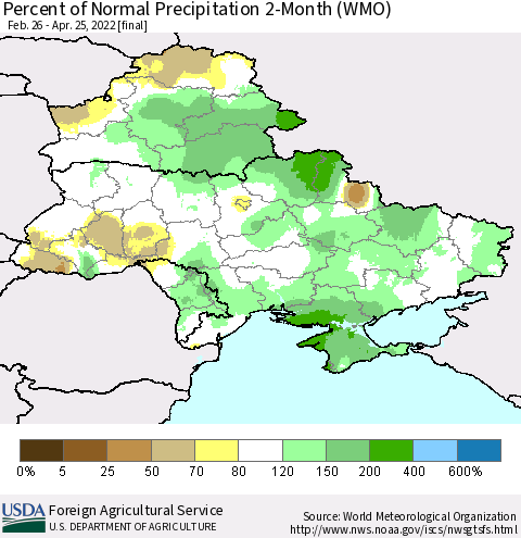 Ukraine, Moldova and Belarus Percent of Normal Precipitation 2-Month (WMO) Thematic Map For 2/26/2022 - 4/25/2022