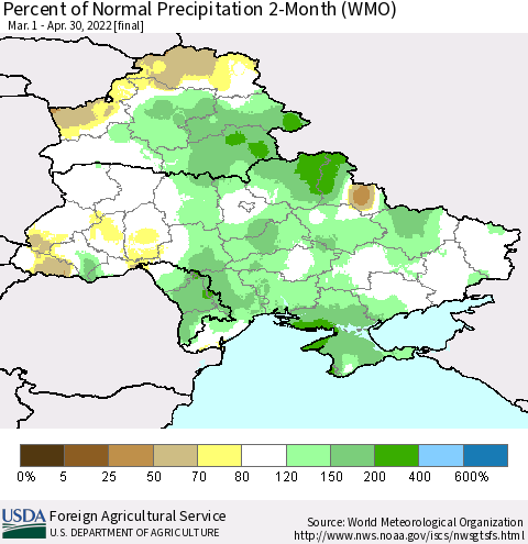 Ukraine, Moldova and Belarus Percent of Normal Precipitation 2-Month (WMO) Thematic Map For 3/1/2022 - 4/30/2022
