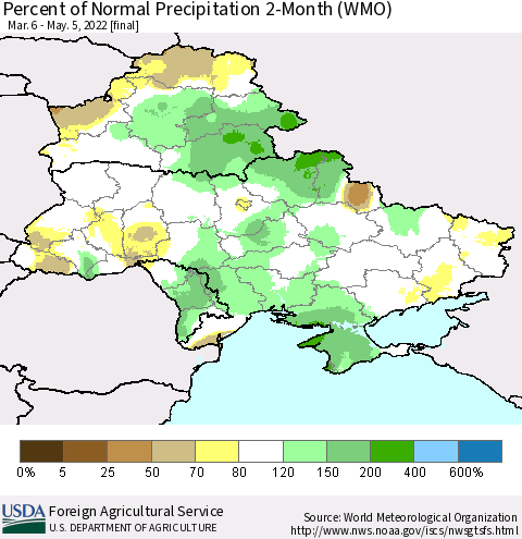 Ukraine, Moldova and Belarus Percent of Normal Precipitation 2-Month (WMO) Thematic Map For 3/6/2022 - 5/5/2022