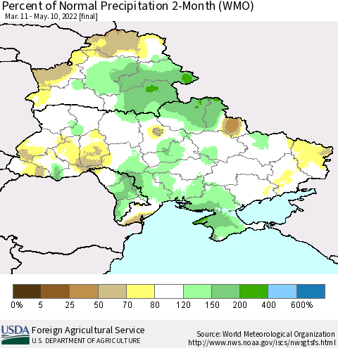 Ukraine, Moldova and Belarus Percent of Normal Precipitation 2-Month (WMO) Thematic Map For 3/11/2022 - 5/10/2022