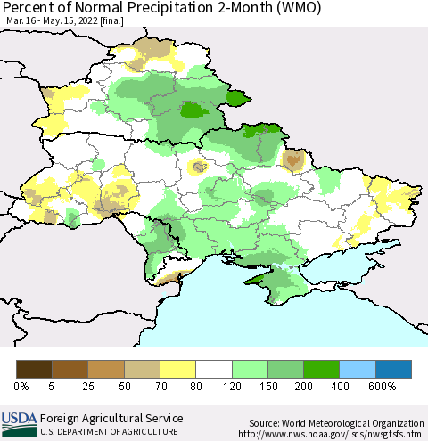 Ukraine, Moldova and Belarus Percent of Normal Precipitation 2-Month (WMO) Thematic Map For 3/16/2022 - 5/15/2022