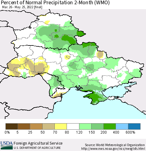 Ukraine, Moldova and Belarus Percent of Normal Precipitation 2-Month (WMO) Thematic Map For 3/26/2022 - 5/25/2022
