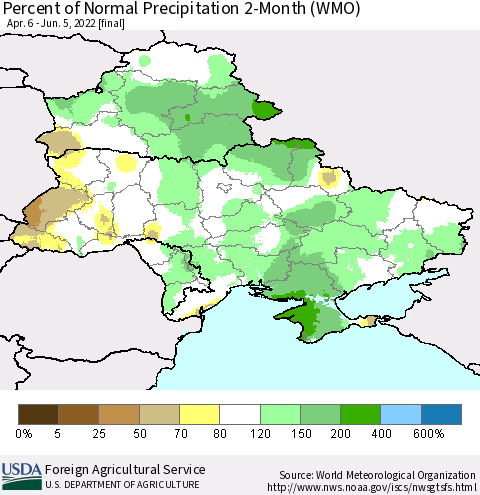 Ukraine, Moldova and Belarus Percent of Normal Precipitation 2-Month (WMO) Thematic Map For 4/6/2022 - 6/5/2022