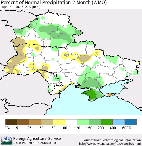 Ukraine, Moldova and Belarus Percent of Normal Precipitation 2-Month (WMO) Thematic Map For 4/16/2022 - 6/15/2022