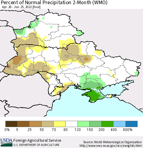Ukraine, Moldova and Belarus Percent of Normal Precipitation 2-Month (WMO) Thematic Map For 4/26/2022 - 6/25/2022