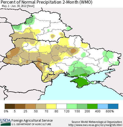 Ukraine, Moldova and Belarus Percent of Normal Precipitation 2-Month (WMO) Thematic Map For 5/1/2022 - 6/30/2022