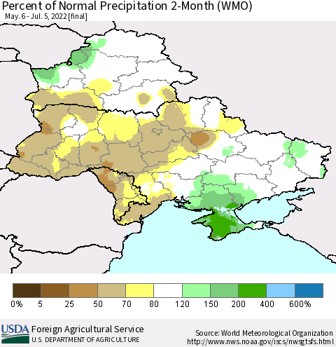 Ukraine, Moldova and Belarus Percent of Normal Precipitation 2-Month (WMO) Thematic Map For 5/6/2022 - 7/5/2022