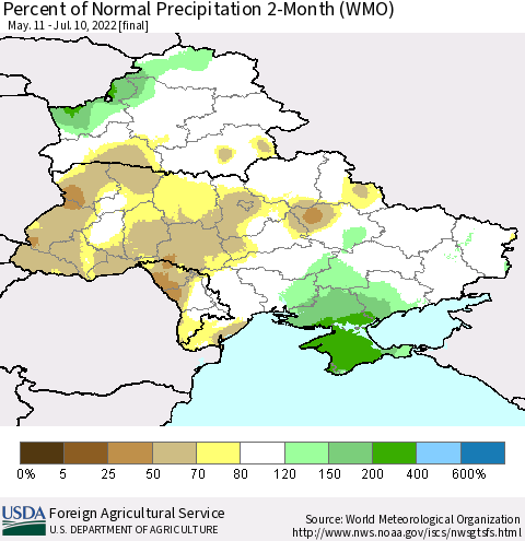 Ukraine, Moldova and Belarus Percent of Normal Precipitation 2-Month (WMO) Thematic Map For 5/11/2022 - 7/10/2022