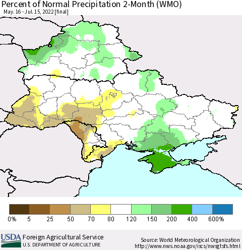 Ukraine, Moldova and Belarus Percent of Normal Precipitation 2-Month (WMO) Thematic Map For 5/16/2022 - 7/15/2022