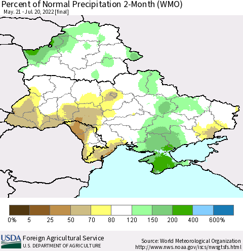 Ukraine, Moldova and Belarus Percent of Normal Precipitation 2-Month (WMO) Thematic Map For 5/21/2022 - 7/20/2022