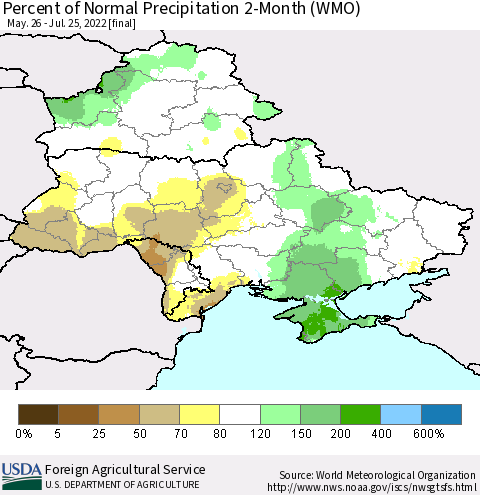 Ukraine, Moldova and Belarus Percent of Normal Precipitation 2-Month (WMO) Thematic Map For 5/26/2022 - 7/25/2022