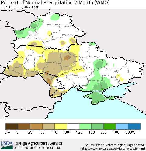 Ukraine, Moldova and Belarus Percent of Normal Precipitation 2-Month (WMO) Thematic Map For 6/1/2022 - 7/31/2022