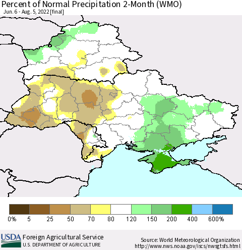 Ukraine, Moldova and Belarus Percent of Normal Precipitation 2-Month (WMO) Thematic Map For 6/6/2022 - 8/5/2022