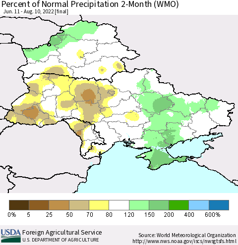 Ukraine, Moldova and Belarus Percent of Normal Precipitation 2-Month (WMO) Thematic Map For 6/11/2022 - 8/10/2022