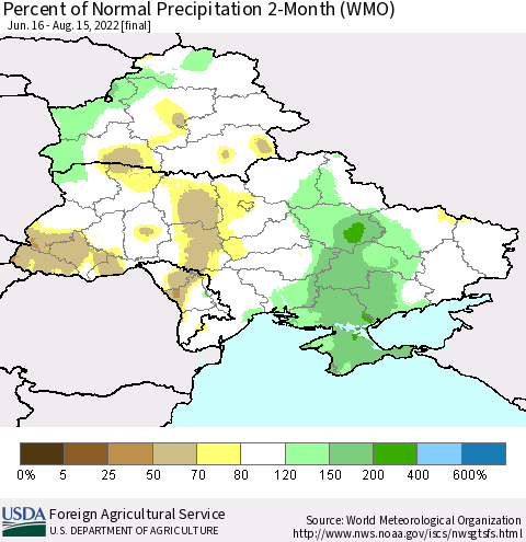 Ukraine, Moldova and Belarus Percent of Normal Precipitation 2-Month (WMO) Thematic Map For 6/16/2022 - 8/15/2022