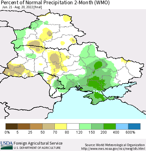 Ukraine, Moldova and Belarus Percent of Normal Precipitation 2-Month (WMO) Thematic Map For 6/21/2022 - 8/20/2022