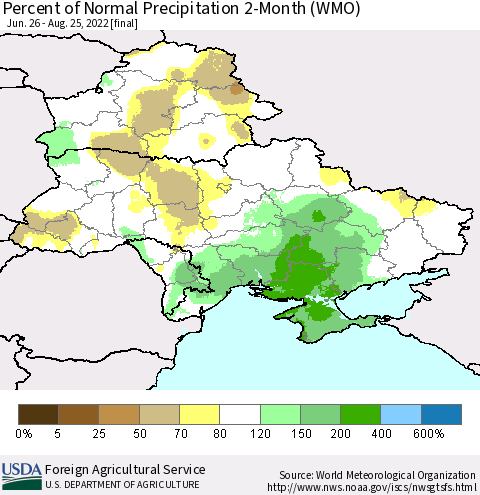 Ukraine, Moldova and Belarus Percent of Normal Precipitation 2-Month (WMO) Thematic Map For 6/26/2022 - 8/25/2022