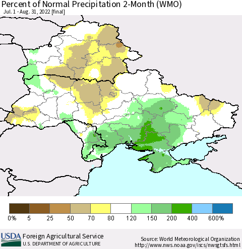 Ukraine, Moldova and Belarus Percent of Normal Precipitation 2-Month (WMO) Thematic Map For 7/1/2022 - 8/31/2022
