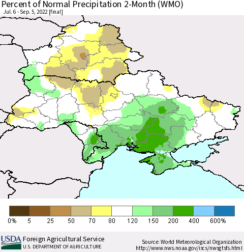 Ukraine, Moldova and Belarus Percent of Normal Precipitation 2-Month (WMO) Thematic Map For 7/6/2022 - 9/5/2022