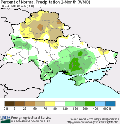 Ukraine, Moldova and Belarus Percent of Normal Precipitation 2-Month (WMO) Thematic Map For 7/11/2022 - 9/10/2022