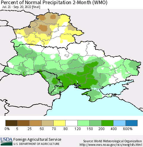 Ukraine, Moldova and Belarus Percent of Normal Precipitation 2-Month (WMO) Thematic Map For 7/21/2022 - 9/20/2022
