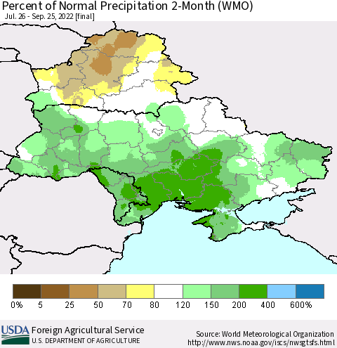 Ukraine, Moldova and Belarus Percent of Normal Precipitation 2-Month (WMO) Thematic Map For 7/26/2022 - 9/25/2022