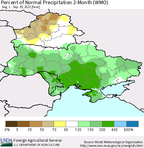 Ukraine, Moldova and Belarus Percent of Normal Precipitation 2-Month (WMO) Thematic Map For 8/1/2022 - 9/30/2022