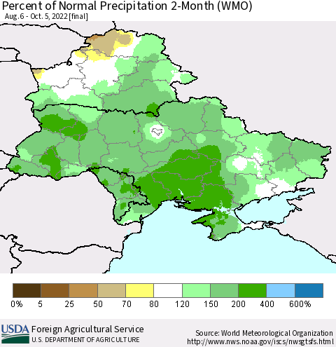 Ukraine, Moldova and Belarus Percent of Normal Precipitation 2-Month (WMO) Thematic Map For 8/6/2022 - 10/5/2022