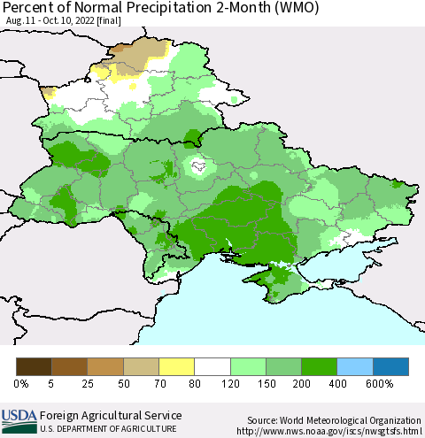 Ukraine, Moldova and Belarus Percent of Normal Precipitation 2-Month (WMO) Thematic Map For 8/11/2022 - 10/10/2022