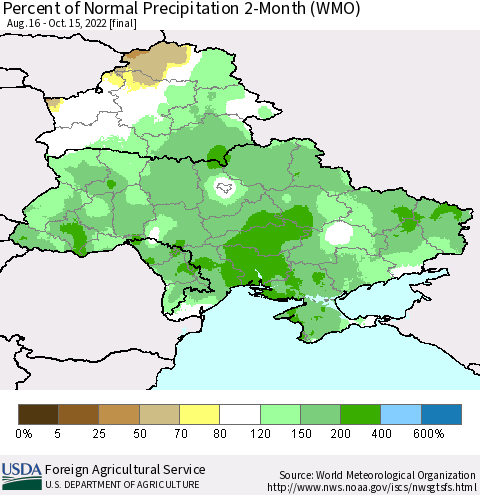 Ukraine, Moldova and Belarus Percent of Normal Precipitation 2-Month (WMO) Thematic Map For 8/16/2022 - 10/15/2022