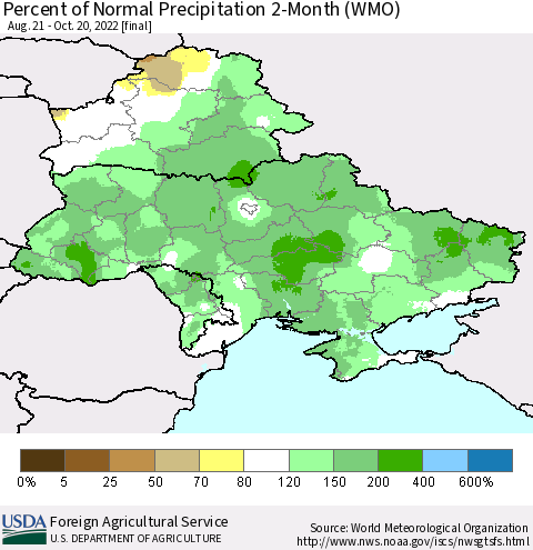 Ukraine, Moldova and Belarus Percent of Normal Precipitation 2-Month (WMO) Thematic Map For 8/21/2022 - 10/20/2022