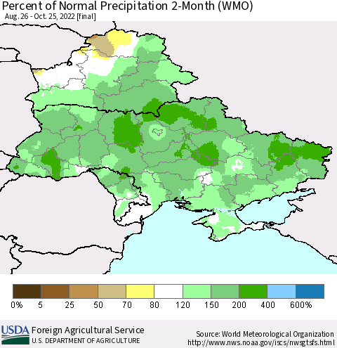 Ukraine, Moldova and Belarus Percent of Normal Precipitation 2-Month (WMO) Thematic Map For 8/26/2022 - 10/25/2022