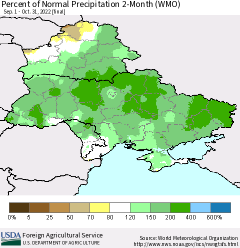 Ukraine, Moldova and Belarus Percent of Normal Precipitation 2-Month (WMO) Thematic Map For 9/1/2022 - 10/31/2022