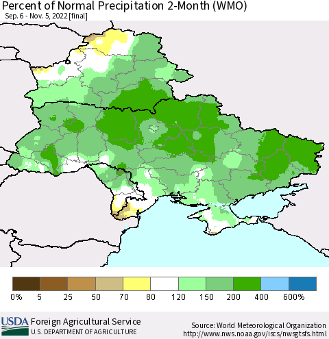 Ukraine, Moldova and Belarus Percent of Normal Precipitation 2-Month (WMO) Thematic Map For 9/6/2022 - 11/5/2022