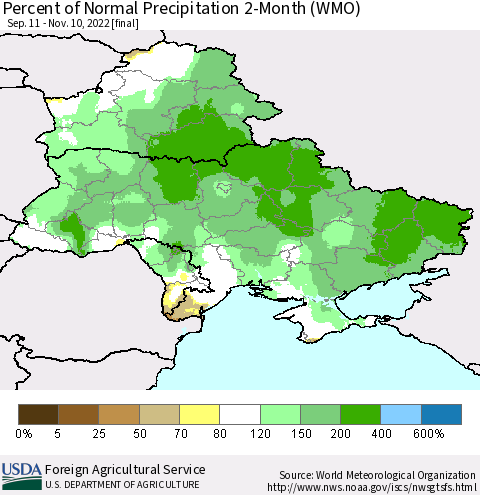Ukraine, Moldova and Belarus Percent of Normal Precipitation 2-Month (WMO) Thematic Map For 9/11/2022 - 11/10/2022