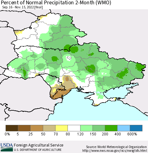 Ukraine, Moldova and Belarus Percent of Normal Precipitation 2-Month (WMO) Thematic Map For 9/16/2022 - 11/15/2022