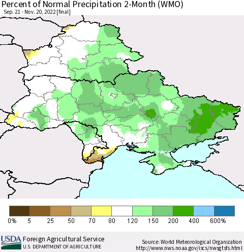 Ukraine, Moldova and Belarus Percent of Normal Precipitation 2-Month (WMO) Thematic Map For 9/21/2022 - 11/20/2022