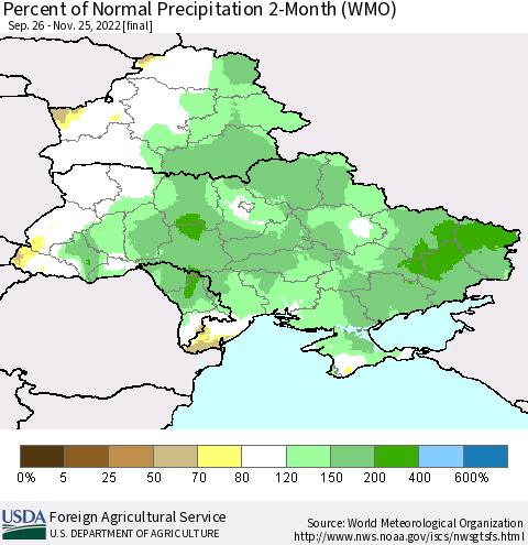 Ukraine, Moldova and Belarus Percent of Normal Precipitation 2-Month (WMO) Thematic Map For 9/26/2022 - 11/25/2022